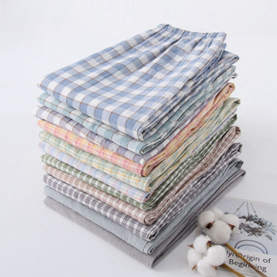 男士家居裤日系小清新格子水洗纯棉布睡裤春夏季薄款宿舍休闲长裤