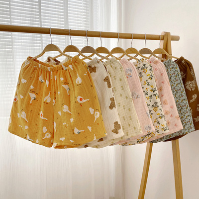 纯棉绉纱睡裤女透气夏季薄款短裤