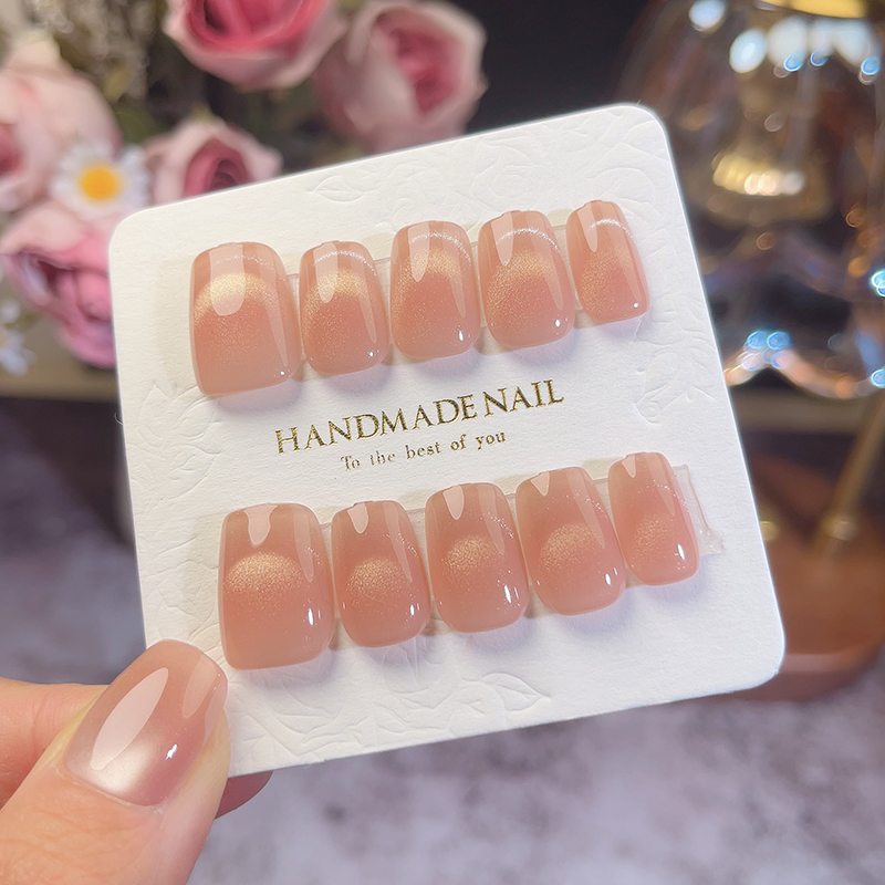 高级感纯手工穿戴甲短款裸色猫眼