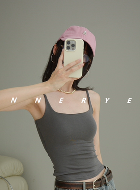 INNER YES梅子小方亚麻带胸垫吊带背心女内搭外穿灰色黑色上衣