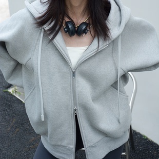 拉链INNER 爆外套加绒连帽美式 YES 男女秋冬2025新款 重磅灰色卫衣