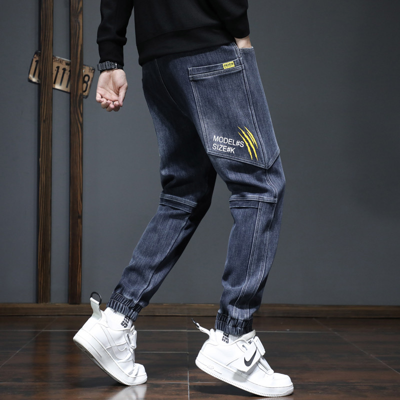 2025秋冬款松紧腰高弹力抽绳束脚牛仔裤哈伦弹性长裤子潮男装大码