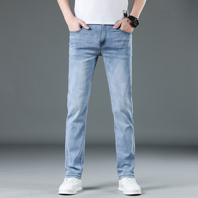 夏季薄款修身直筒高弹力浅蓝色牛仔裤男青年百搭弹性长裤子潮男装