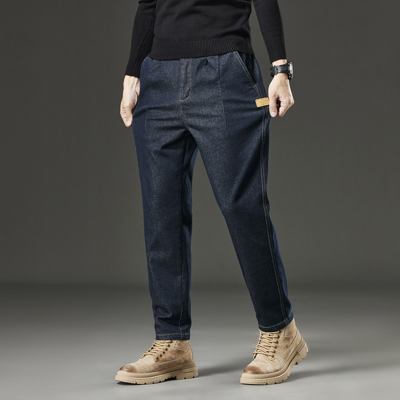 秋冬款松紧腰高弹力牛仔裤男青年微哈伦裤弹性小脚长裤子潮流男装
