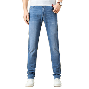 秋冬新款高弹力牛仔裤男装直筒修身青年长裤子潮流深蓝色新品大码