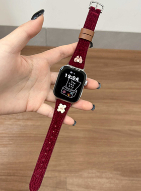 适用于华为fit3/4皮质表带安可拉红小熊蝴蝶结绒面表带小米8/9pro