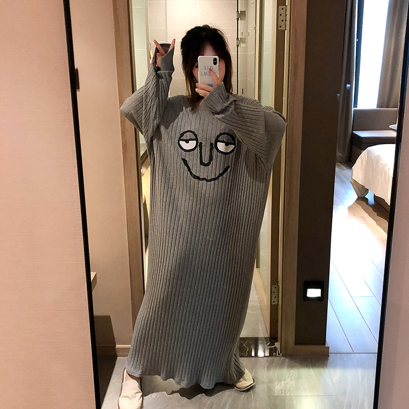 搞怪表情加长睡裙大版宽松女秋冬长袖纯棉睡衣韩版可爱家居服学生