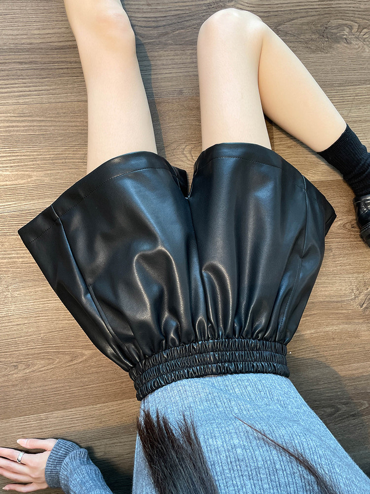 2025年秋季高腰PU皮短裤休闲宽松新款a字阔腿时尚外穿打底靴裤女,女装/女士精品,大码裤装,淘宝优惠券,粉丝福利购,淘宝优惠卷