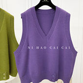 特大码 300斤早春高级感V领针织马甲女胖mm无袖 叠穿百搭毛衣背心秋