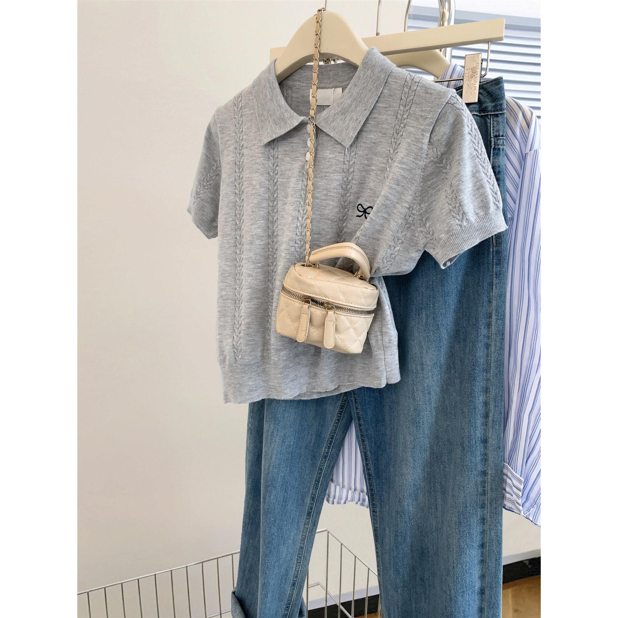 Polo领蝴蝶结针织衫短袖t恤