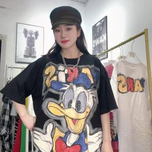新款 T恤女百搭夏季 涂鸦唐老鸭字母宽松上衣 300斤纯棉短袖 胖MM大码
