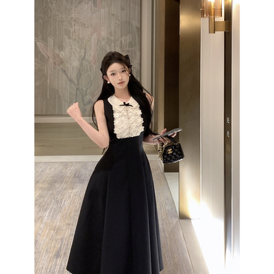 实拍复古性感赫本风千金蕾丝拼接收腰显瘦连衣裙长裙女
