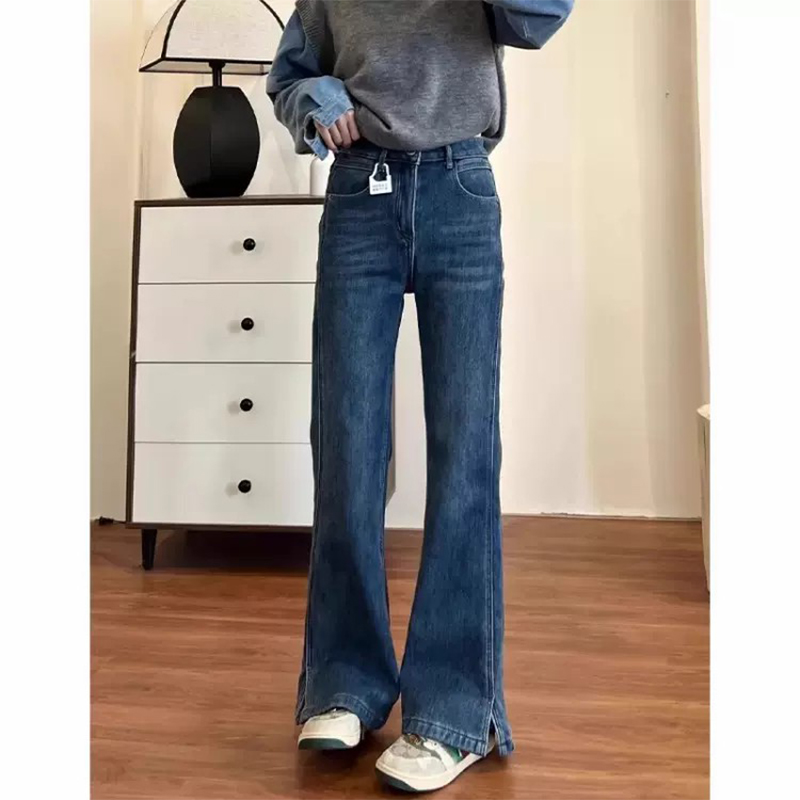 复古蓝开叉微喇牛仔裤女春秋新款高腰显瘦梨型身材巨好看喇叭裤