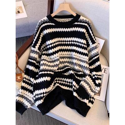 大码慵懒风中长款针织条纹毛衣女秋冬季胖mm高级感遮屁股宽松上衣