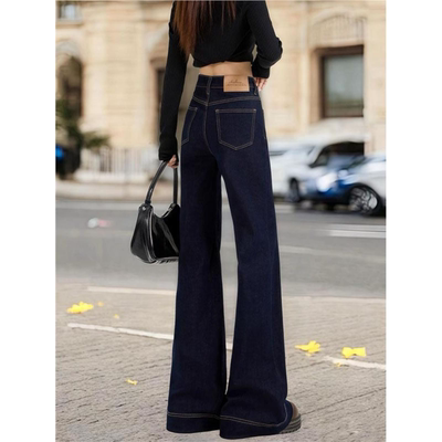 丹宁蓝微喇牛仔裤女秋季韩系穿搭高腰显瘦加绒加厚小个子喇叭裤子