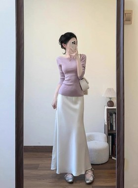 法式紫色一字肩修身长袖针织衫女秋冬温柔绝美打底毛衣高级感上衣