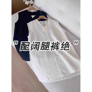 棉麻V領(lǐng)無(wú)袖 上衣 小資中長(zhǎng)款 老錢(qián)風(fēng)白色亞麻吊帶背心女夏外穿法式