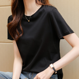 桑蚕丝2025年夏季新款圆领宽松显瘦纯棉百搭纯色丝光棉短袖T恤女