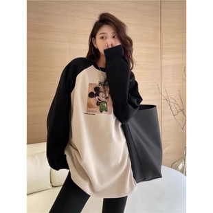 插肩袖长袖t恤女2025新款秋季返校穿搭卫衣中长款加绒打底衫上衣