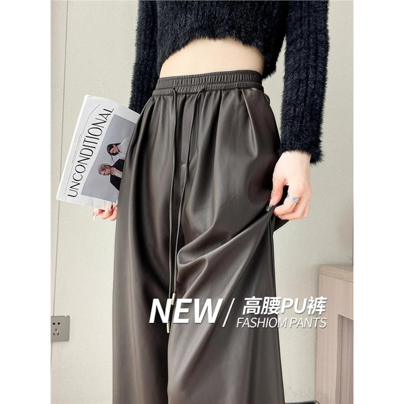 咖色皮裤女春秋2025新款高级感松紧高腰宽松显瘦PU皮直筒阔腿裤子,女装/女士精品,休闲裤,淘宝优惠券,粉丝福利购,淘宝优惠卷