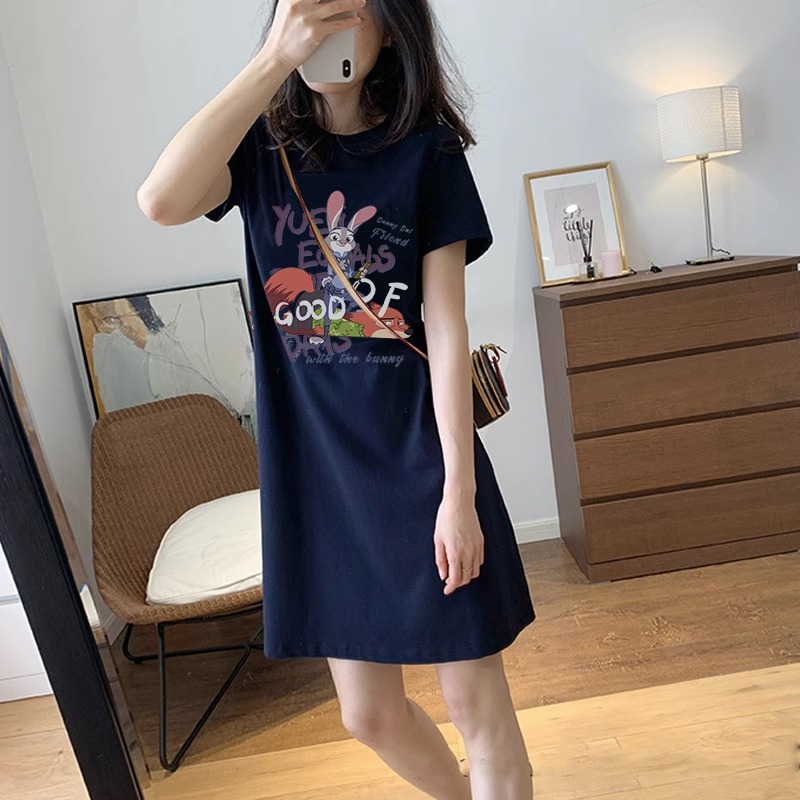纯棉短袖T恤裙女2025年夏款新款韩版宽松休闲中长款运动风连衣裙