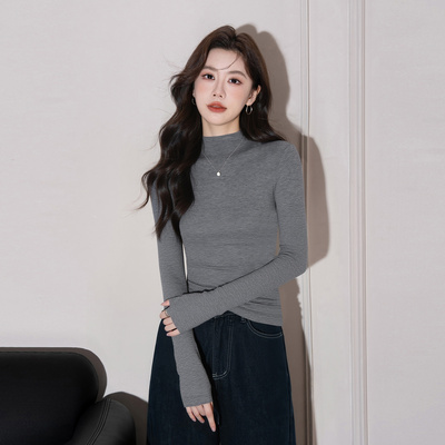 深灰色半高领长袖打底衫女士秋冬季高级感修身显瘦针织衫内搭上衣