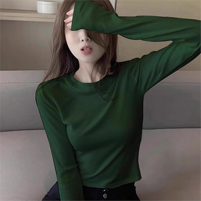 墨绿色圆领打底衫秋季女款2025新款磨毛加厚内搭短款长袖T恤上衣