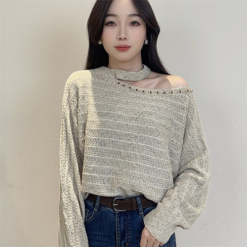迪否挂脖露肩长袖针织衫女款秋季法式设计感慵懒显瘦上衣2559