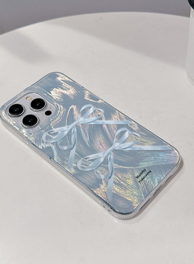 壳壳大世界ins蓝色丝带蝴蝶结适用苹果15promax手机壳iPhone14手机套16pro羽纱壳13pro防摔镭射12Pro保护套11