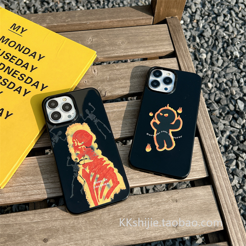 燃烧小火人适用苹果13/14promax手机壳骷髅黑色果冻壳iphone15硅胶套11软壳XS男女款8plus保护套XSMAX