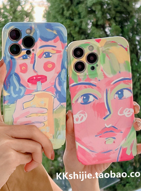 油画涂鸦女孩适用苹果14手机壳iphone13promax新款菲林壳12promax日韩11全包防摔X韩风XR保护套7/8P女款
