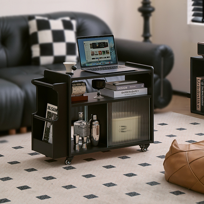 实木边几可移动沙发测边柜家用小茶几客厅黑色收纳小推车置物架