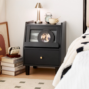 实木床头柜现代简约卧室小型超窄床边柜置物柜家用黑色收纳储物柜