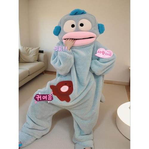 丑鱼连体睡衣儿童女珊瑚绒加厚搞怪可爱小孩大童秋冬季抽象大嘴鱼