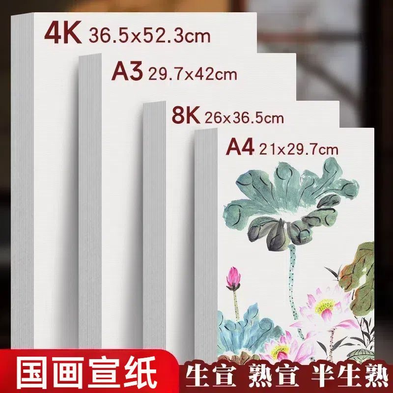 书法宣纸专用书画宣纸4k8k国画初学专用半生熟生宣纸毛笔学生书法