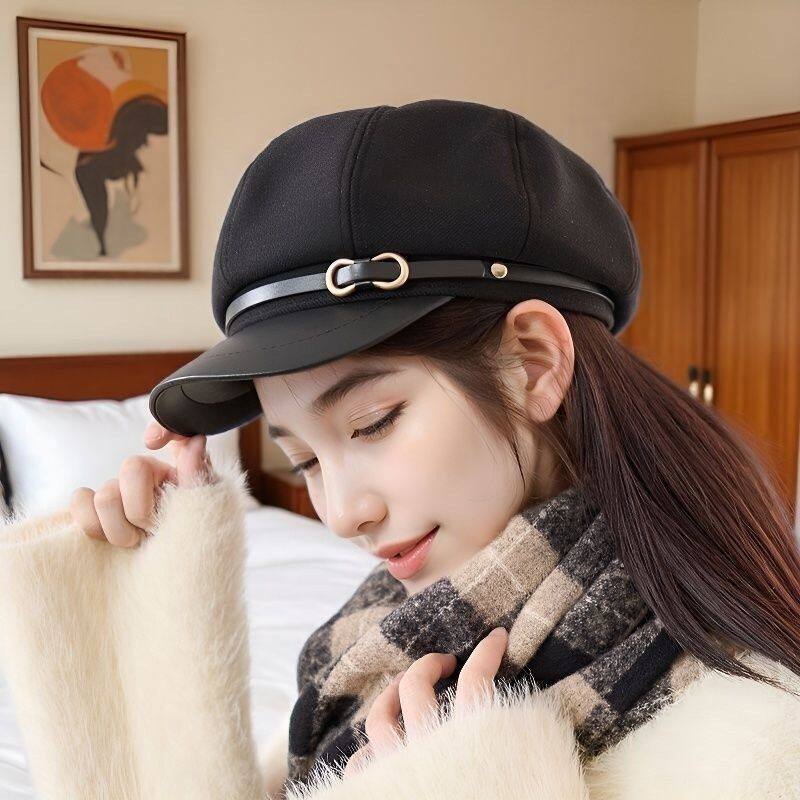 日系皮质帽檐带扣八角帽秋冬英伦风雅痞气质画家帽复古贝雷帽批发