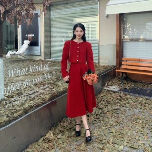 北岛家富家千金双面羊绒套装裙红色气质小香风高级感两件套女