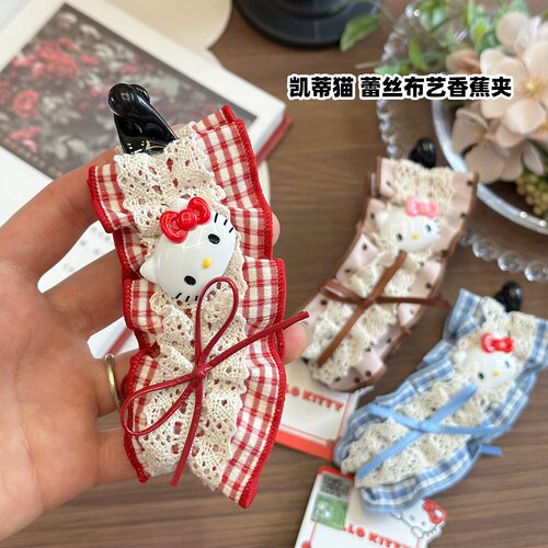 凯蒂猫香蕉夹格纹蝴蝶结扭扭发夹