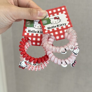 正版凯蒂猫韩系红粉高级感电话线发圈手环高马尾无痕头绳不勒皮筋