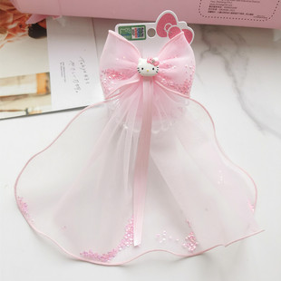 蝴蝶结双层头纱顶夹HelloKitty正版 凯蒂猫粉嫩儿童发饰品女童公主