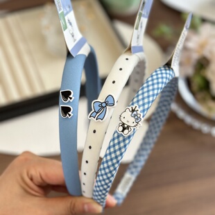 正版凯蒂猫儿童甜美发箍蓝格纹包布不勒头小学生压发洗脸百搭头箍