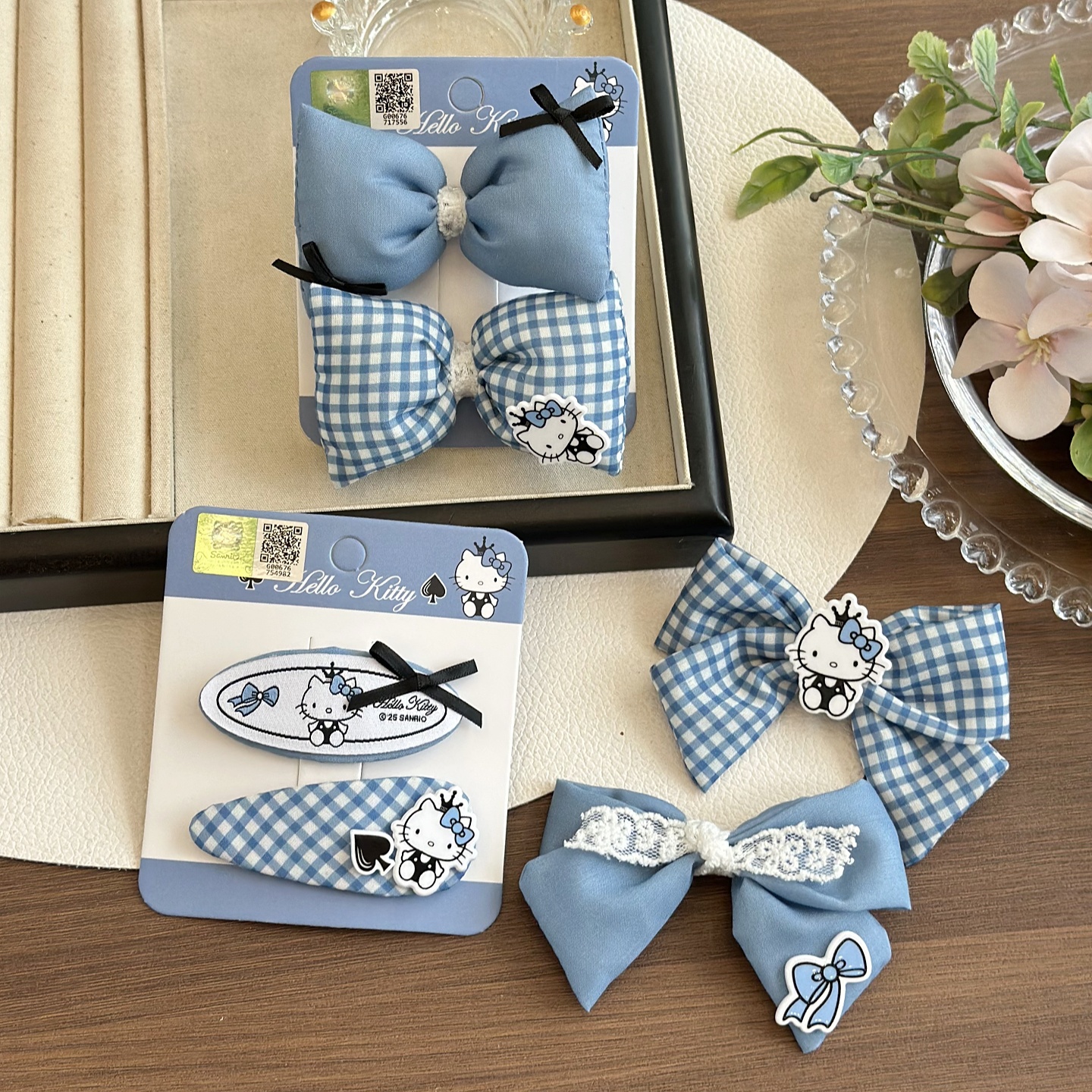 hellokitty布艺发夹甜美蓝色格子