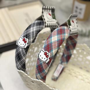 正版 凯蒂猫高颅顶发卡复古格纹发箍秋冬氛围感学院风宽边头箍发饰