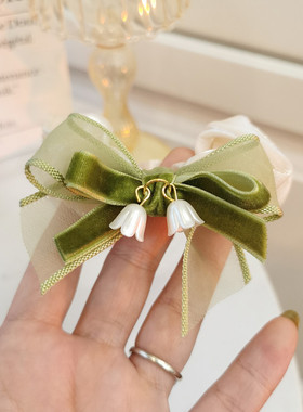 优雅绿色丝带蝴蝶结绢纱大肠发圈女生马尾发绳网红高级感夏季头绳