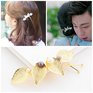 因为遇见你发饰头饰品女金属树叶子复古一字夹珍珠发夹发卡边夹