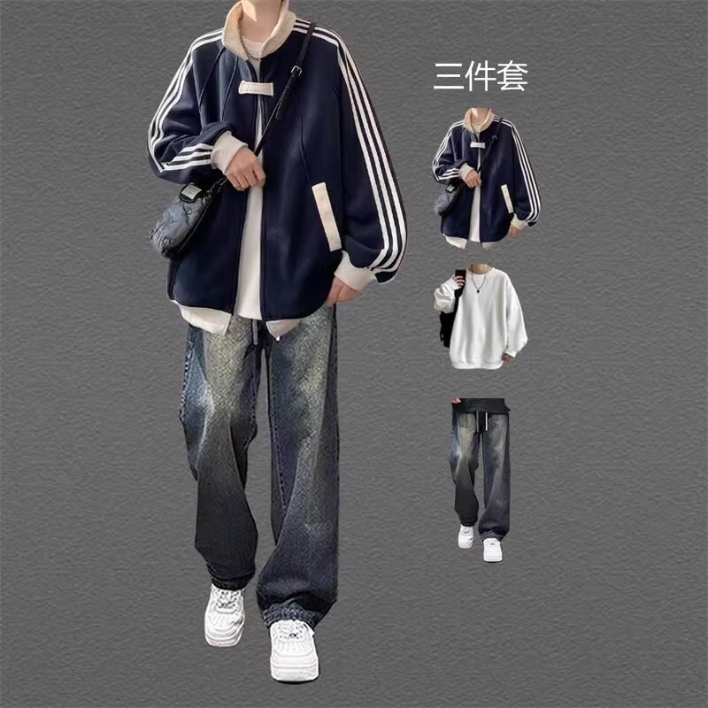 外套男秋冬季新款条纹休闲夹克套装男生潮流宽松棒球服外套三件套