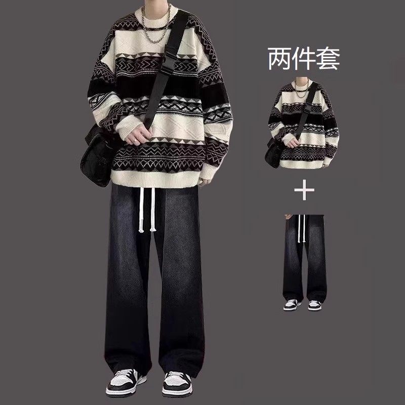 撞色条纹针织毛衣男生穿搭套装秋冬季宽松慵懒风线衣潮流一套搭配