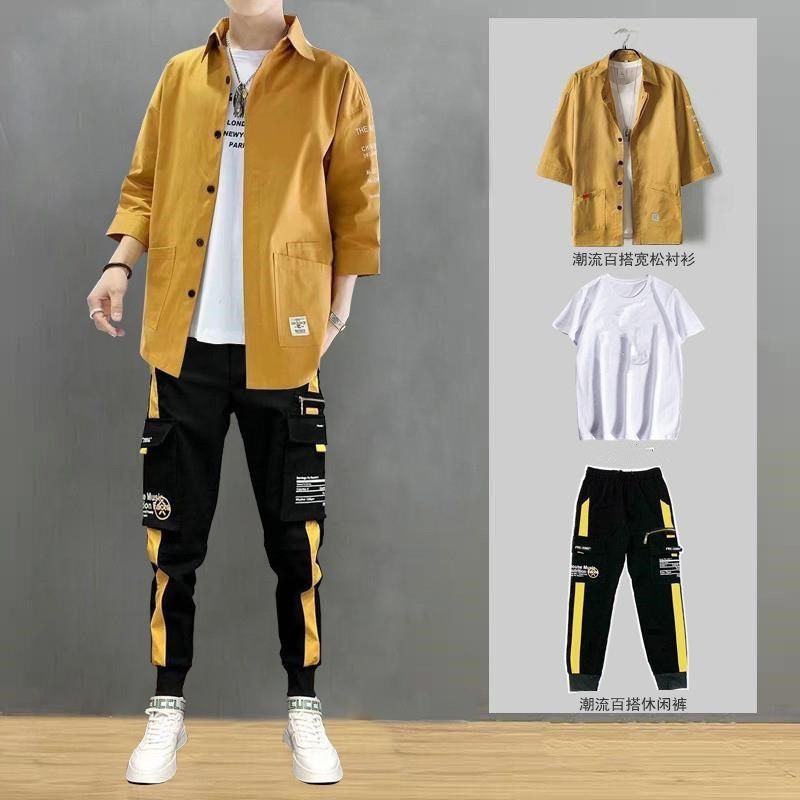 七分袖衬衫男ins潮牌夏季薄款外套男生衣服潮流搭配帅气男装一套