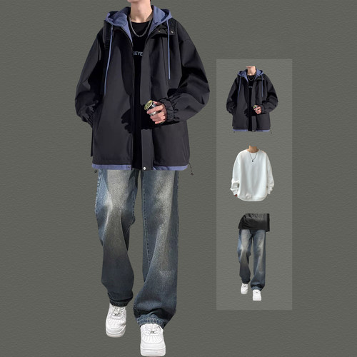 男士冲锋衣外套秋季套装男生假两件工装连帽夹克搭配牛仔裤三件套