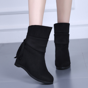 2025真皮春秋平底磨砂中筒短靴子女翻毛内增高马丁半桶单靴一脚蹬